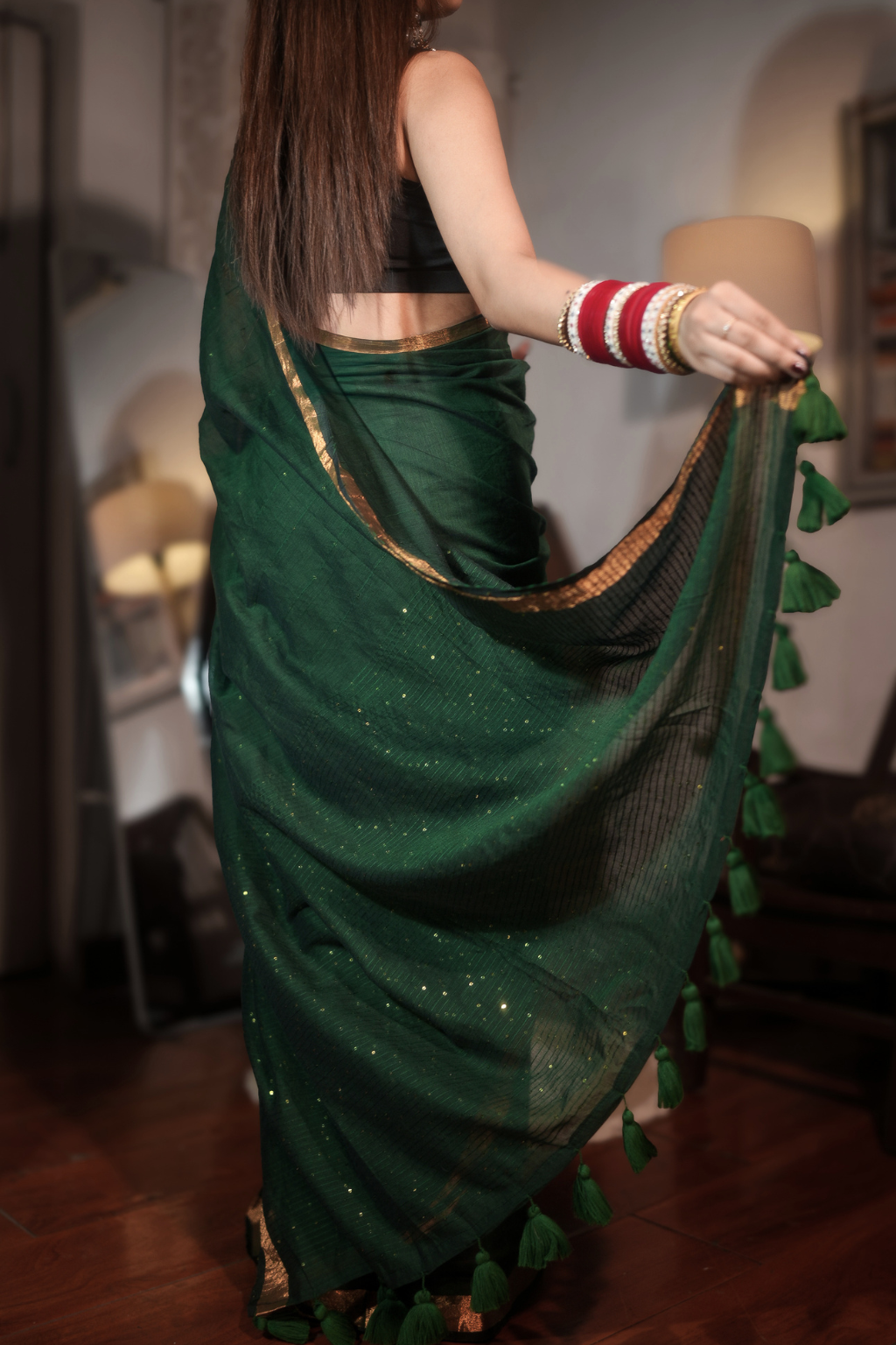 Panna Sitara - Emerald Green Pure Mul Cotton Saree with Sequins & Zari Border