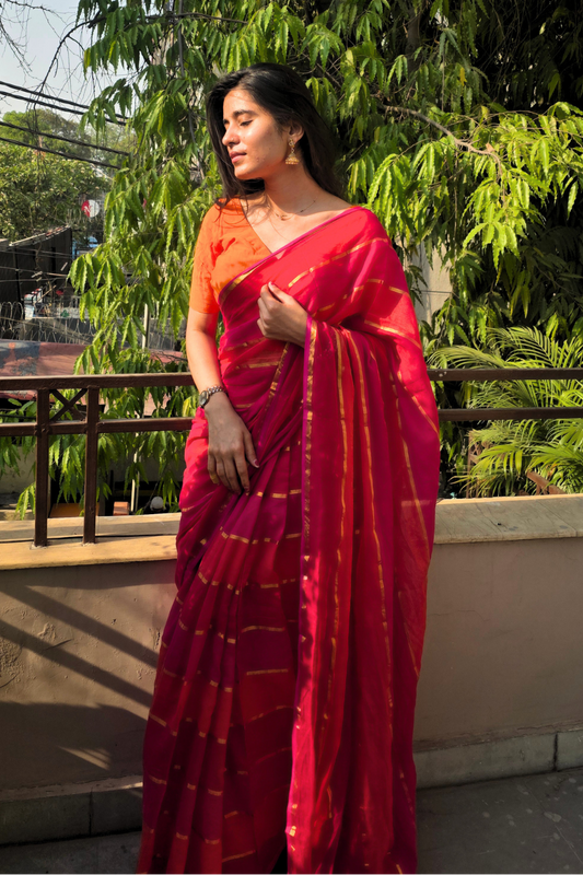Rangeen Rashmi - Sunset Pink & Orange Mul Cotton Saree