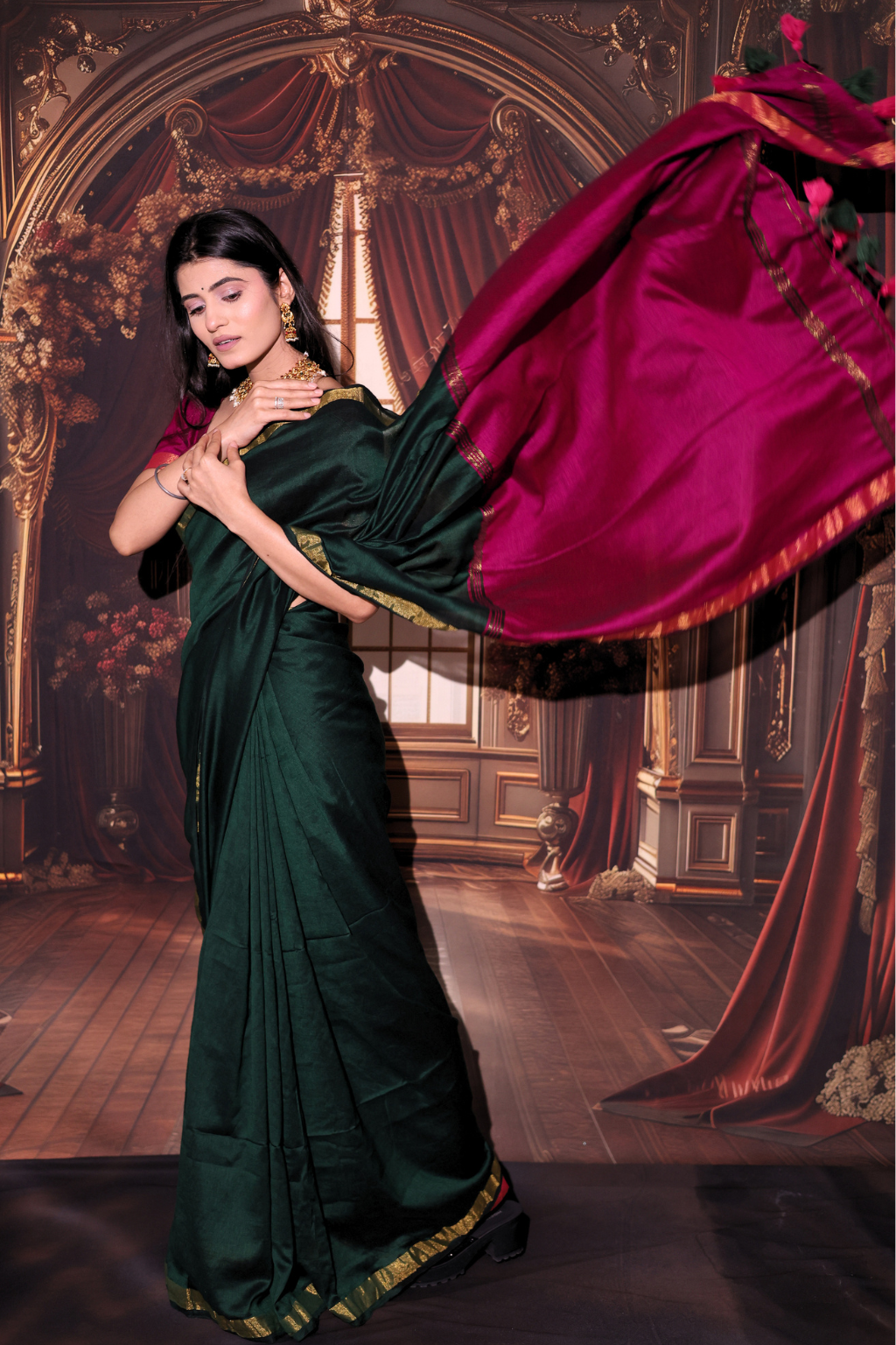 Mohini - Bottle Green Modal Cotton Saree with Rani Pink Zari Contrast & Tassels