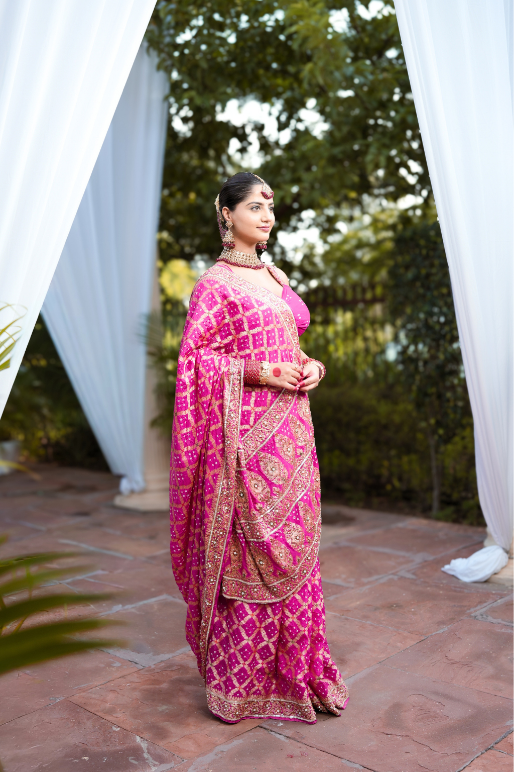 Siddhi - Royal Rani Pink Handcrafted Bandhani Saree with Heavy Cut-Dana & Sequin Handwork