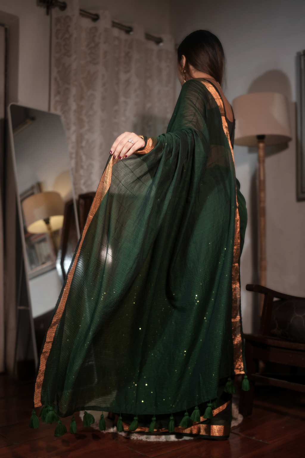 Panna Sitara - Emerald Green Pure Mul Cotton Saree with Sequins & Zari Border