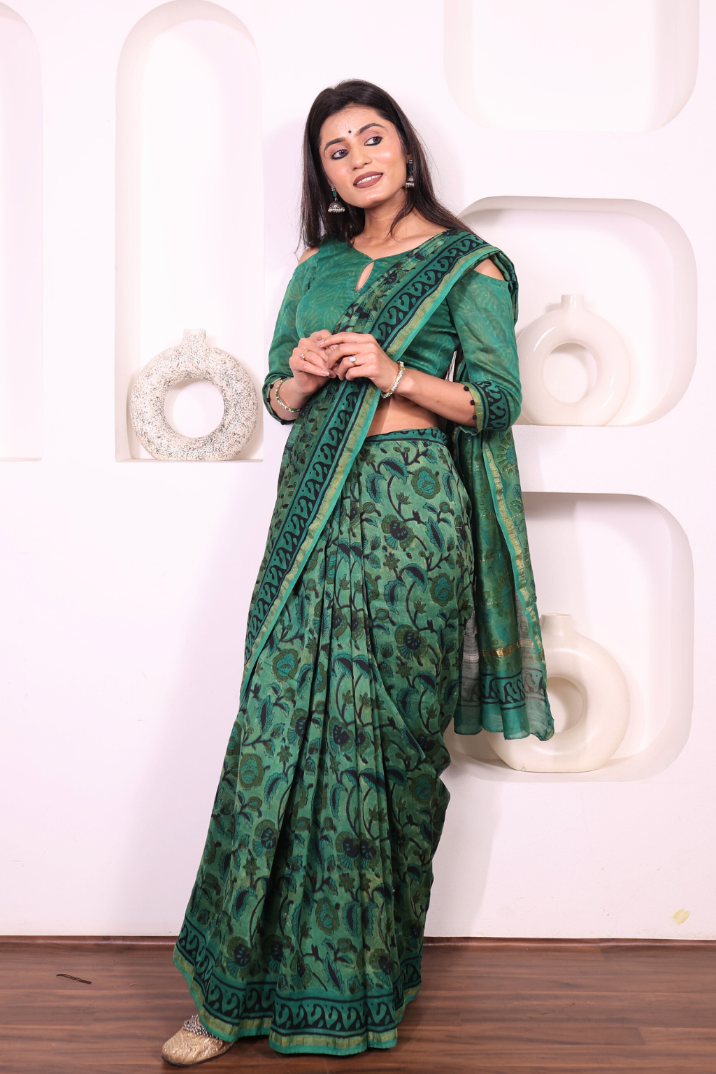 Vanaspati – Forest Green Chanderi Silk Saree with Vanaspati Block Prints