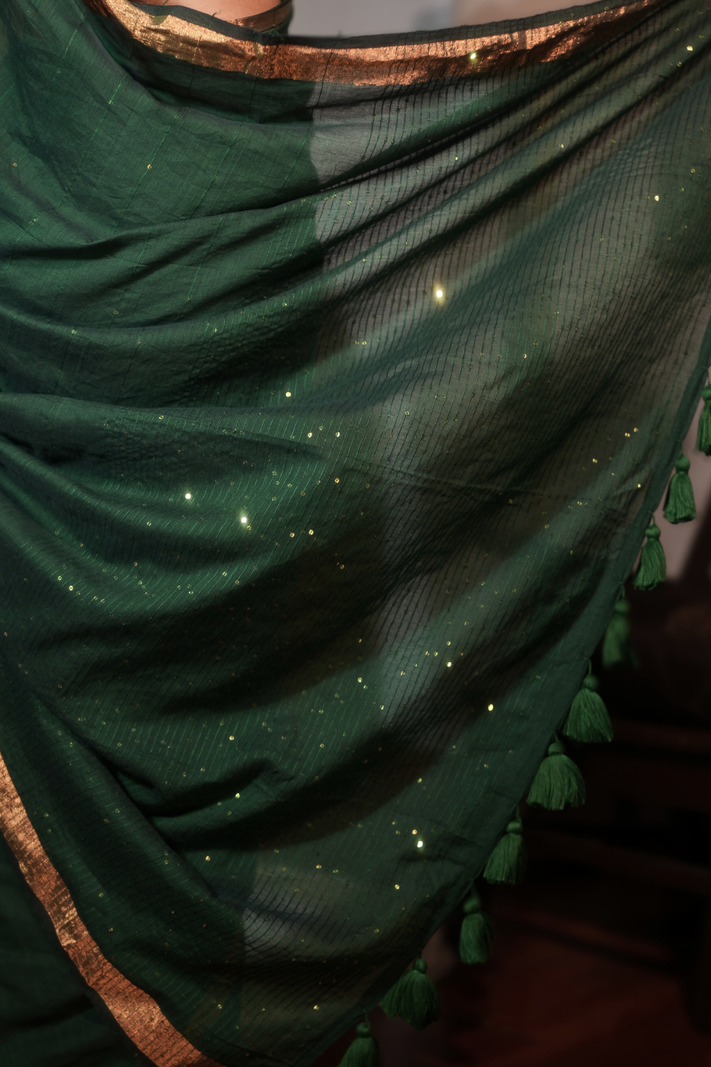 Panna Sitara - Emerald Green Pure Mul Cotton Saree with Sequins & Zari Border