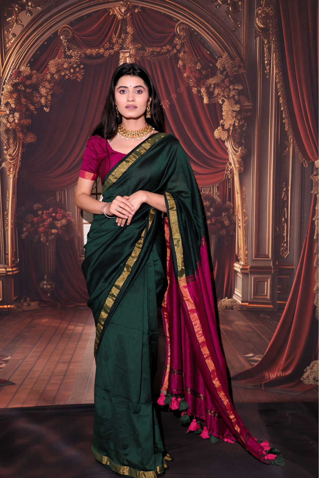 Mohini - Bottle Green Modal Cotton Saree with Rani Pink Zari Contrast & Tassels