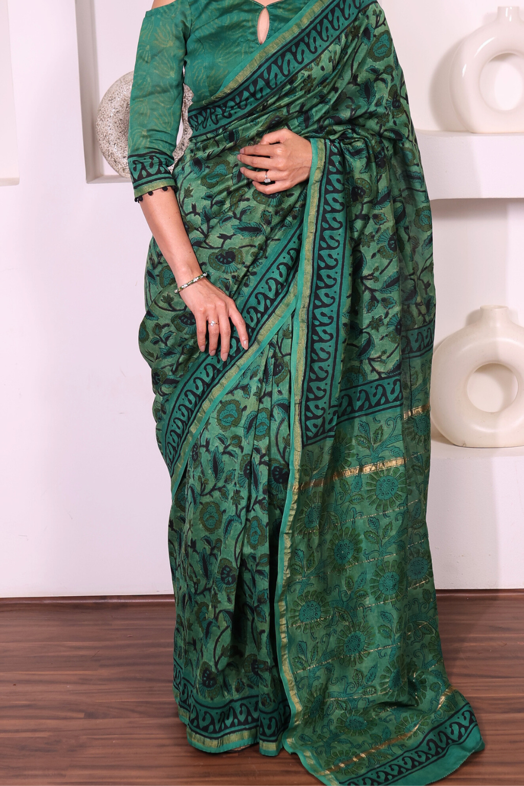 Vanaspati – Forest Green Chanderi Silk Saree with Vanaspati Block Prints