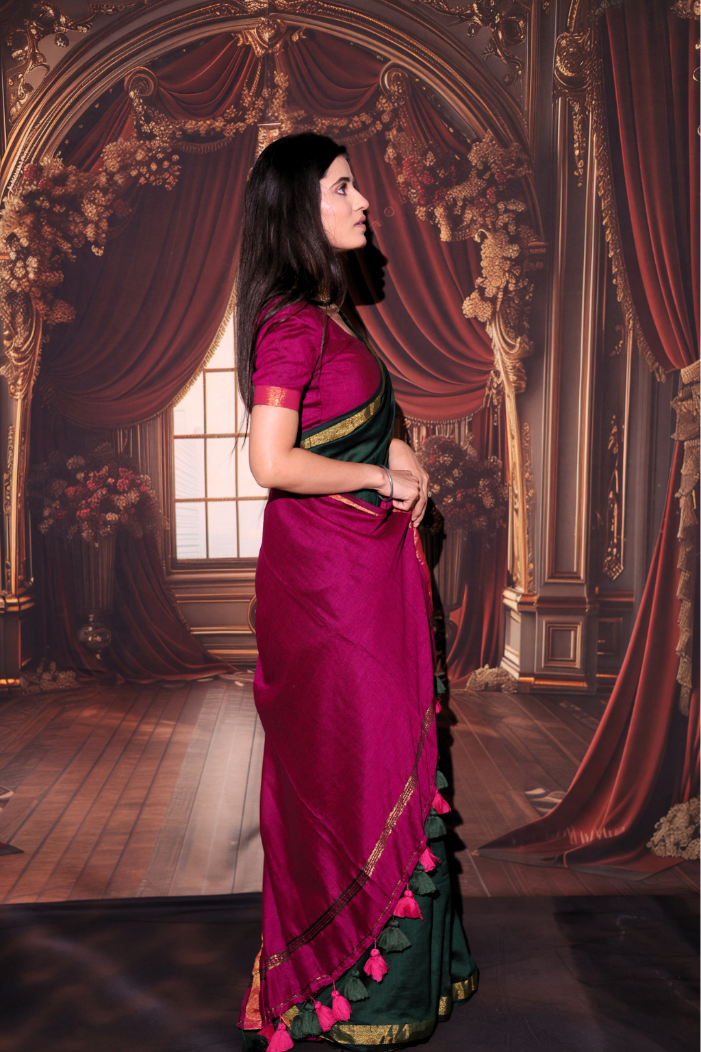 Mohini - Bottle Green Modal Cotton Saree with Rani Pink Zari Contrast & Tassels