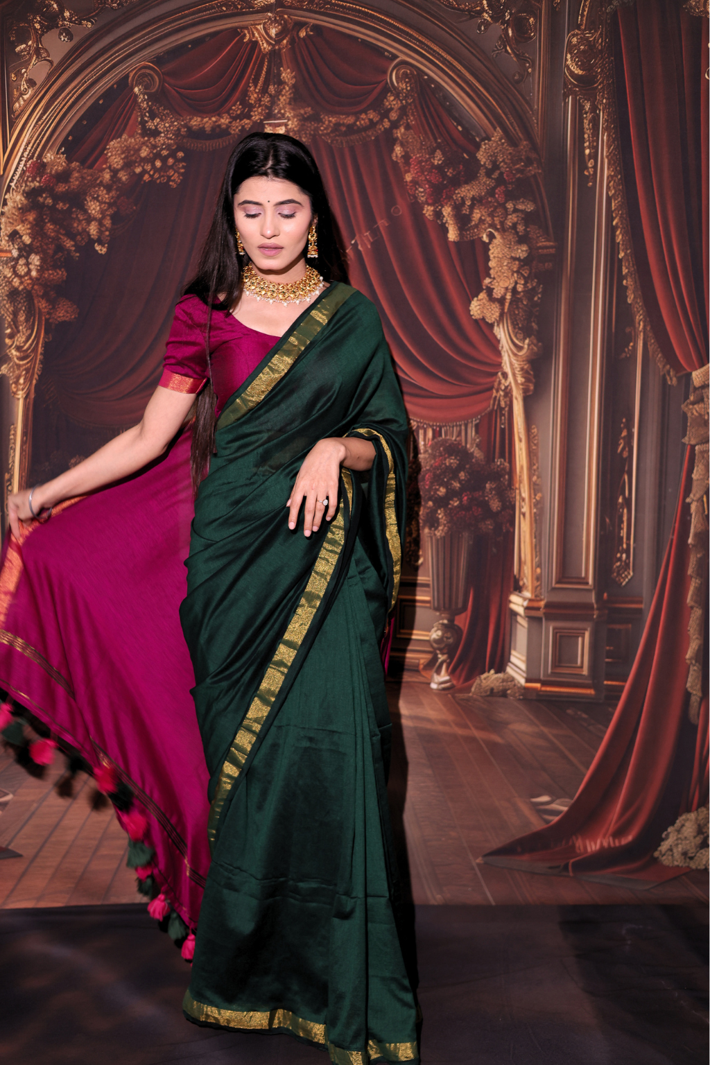 Mohini - Bottle Green Modal Cotton Saree with Rani Pink Zari Contrast & Tassels