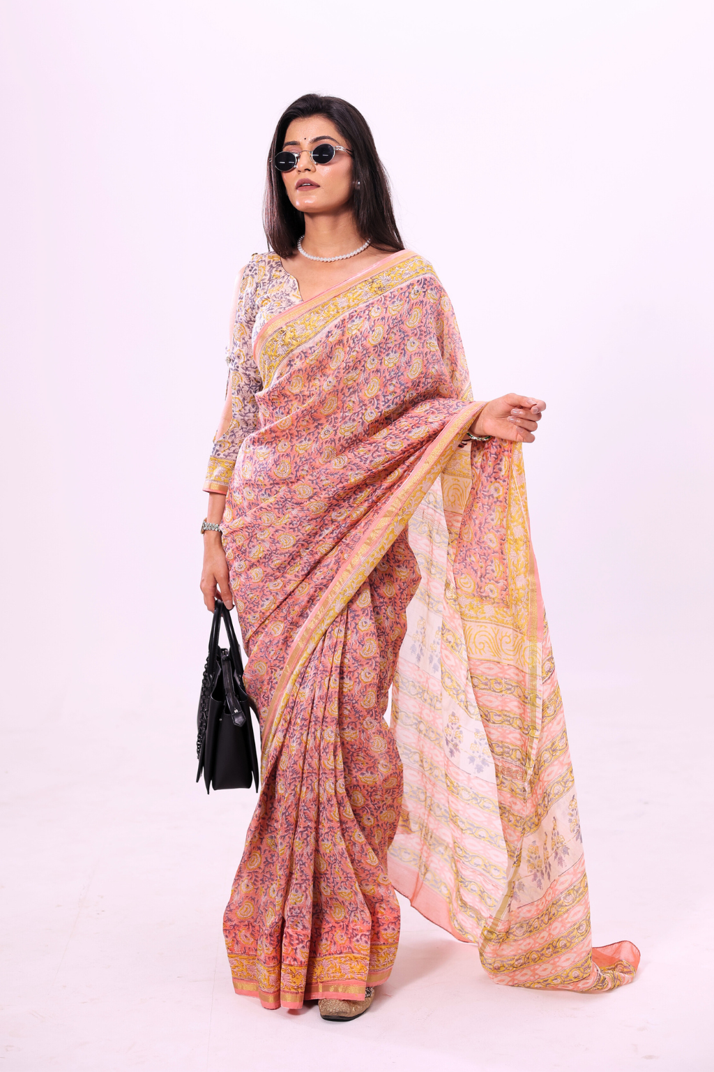 Hansika – Peach Chanderi Silk Saree with Pastel Floral Block Prints