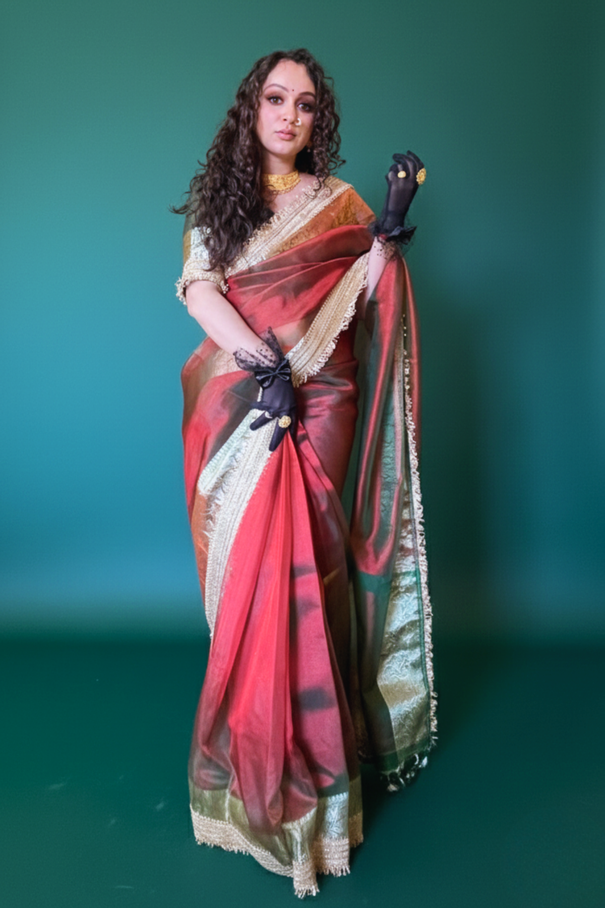 Ruchi - Dual Tone Red & Green Tissue Saree with Scalloped Border