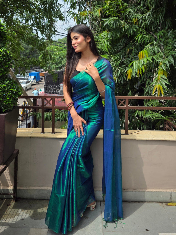 Neelima (Without Border) – Peacock Tissue Saree Without Border