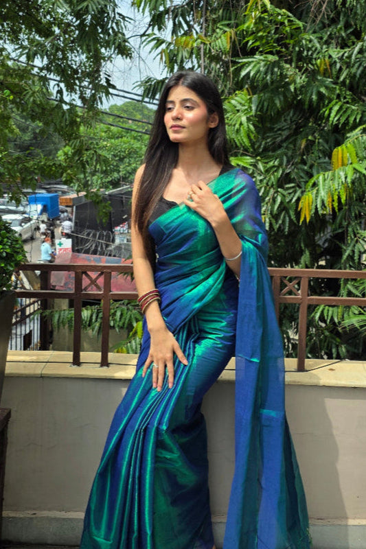 Neelima (Without Border) – Peacock Tissue Saree Without Border