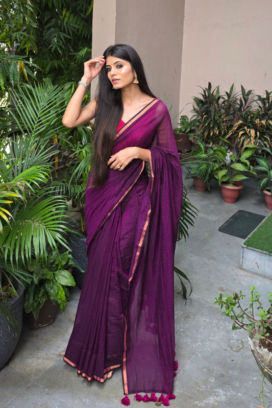 Jamuni – Wine Purple Mul Cotton Saree with Zari