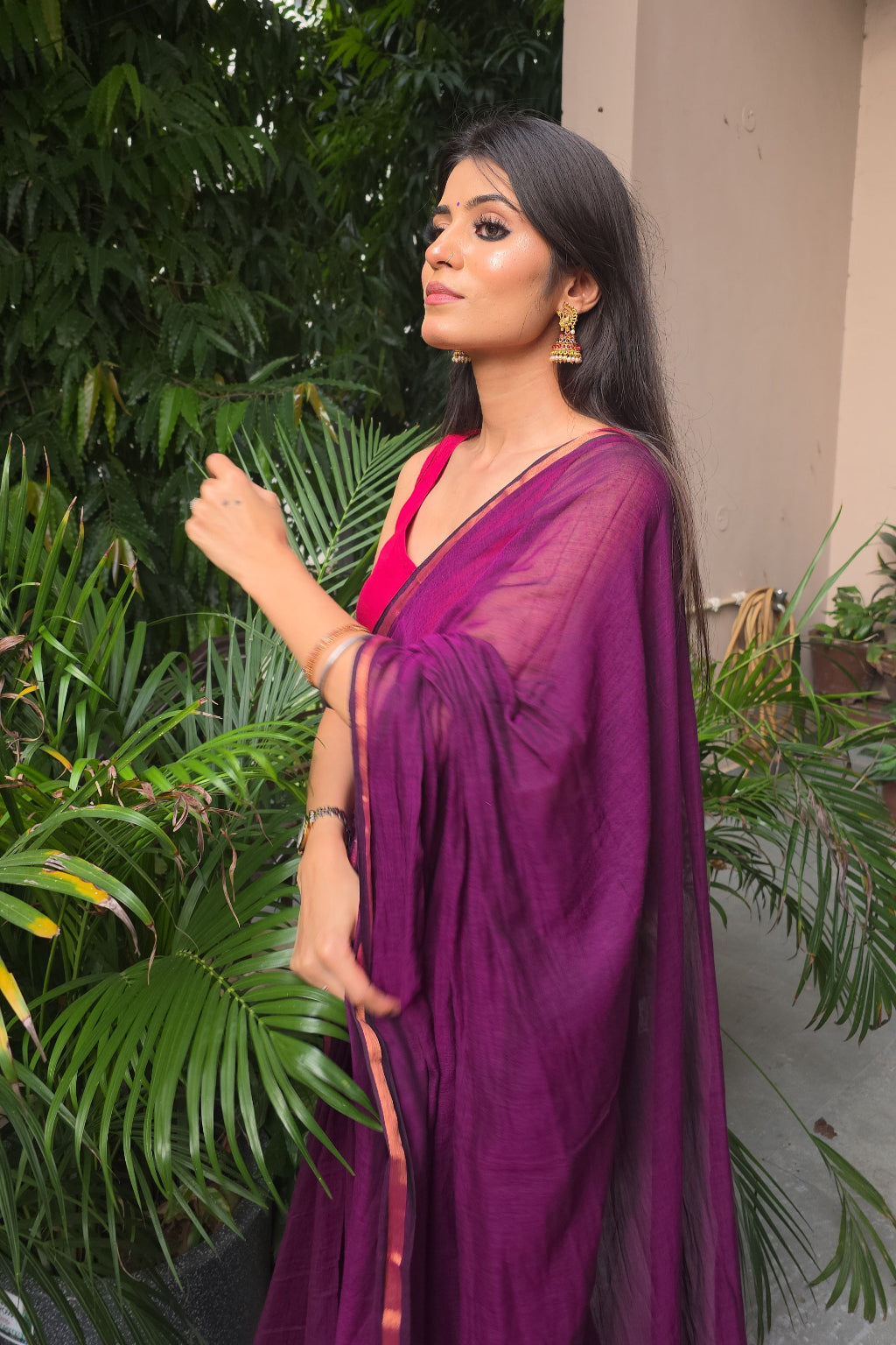 Jamuni – Wine Purple Mul Cotton Saree with Zari