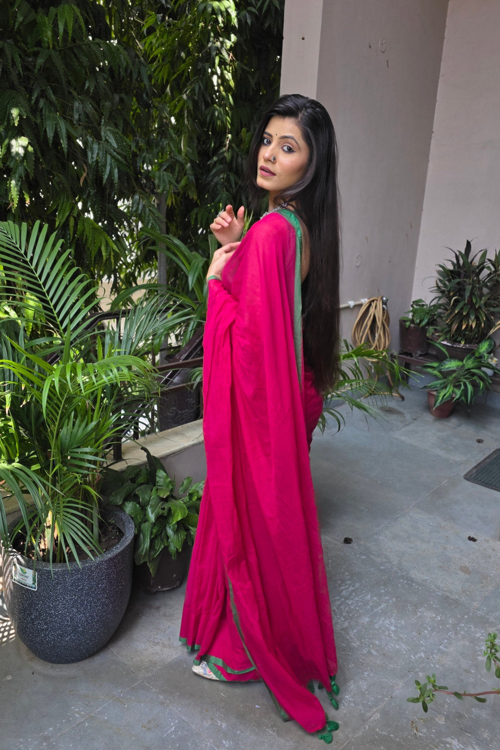Rangili – Rani Pink Mul Cotton Saree with Green Zari
