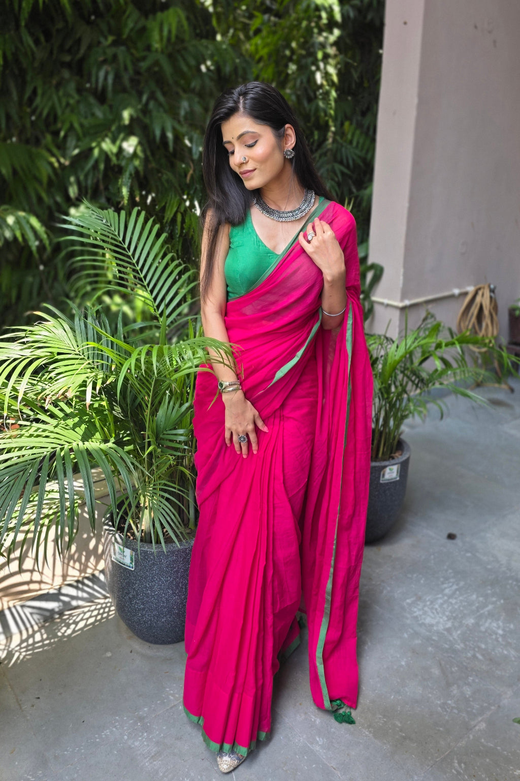 Rangili – Rani Pink Mul Cotton Saree with Green Zari