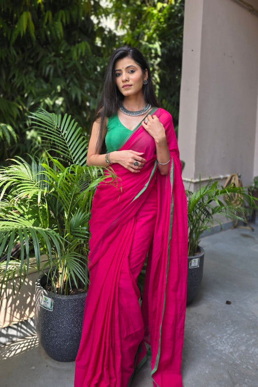 Rangili – Rani Pink Mul Cotton Saree with Green Zari