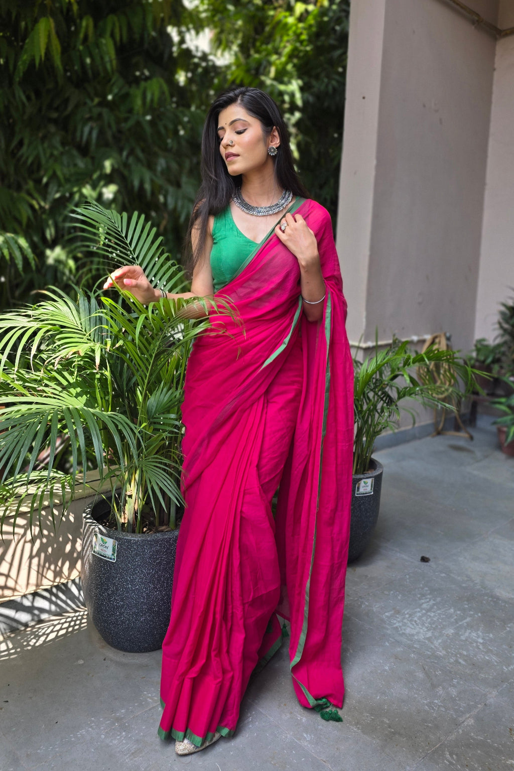 Rangili – Rani Pink Mul Cotton Saree with Green Zari
