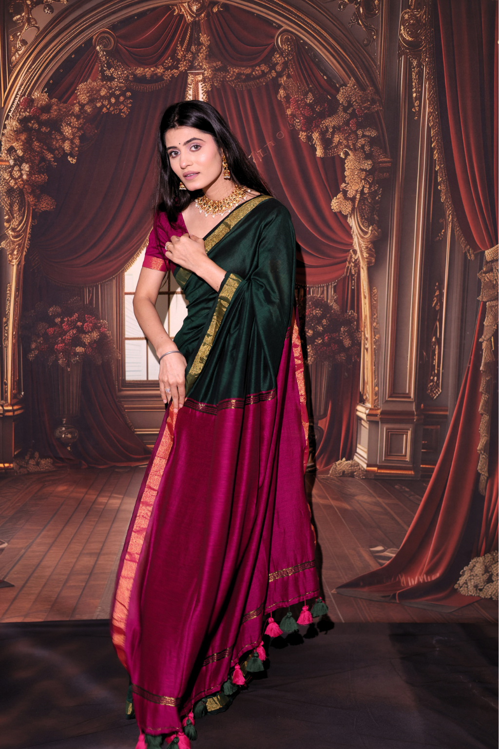 Mohini - Bottle Green Modal Cotton Saree with Rani Pink Zari Contrast & Tassels