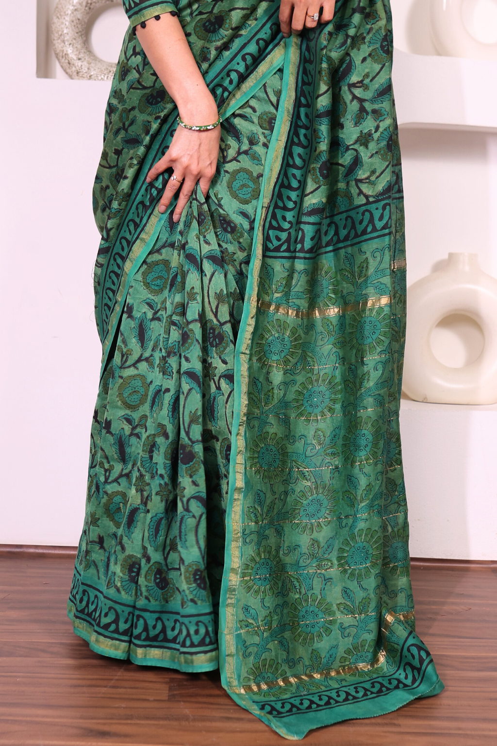 Vanaspati – Forest Green Chanderi Silk Saree with Vanaspati Block Prints