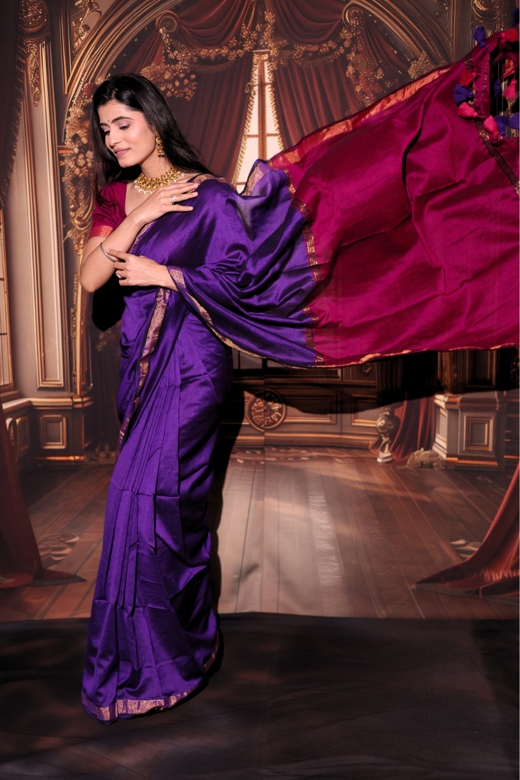 Kalyani - Royal Purple Modal Cotton Saree with Rani Pink Contrast & Tassels