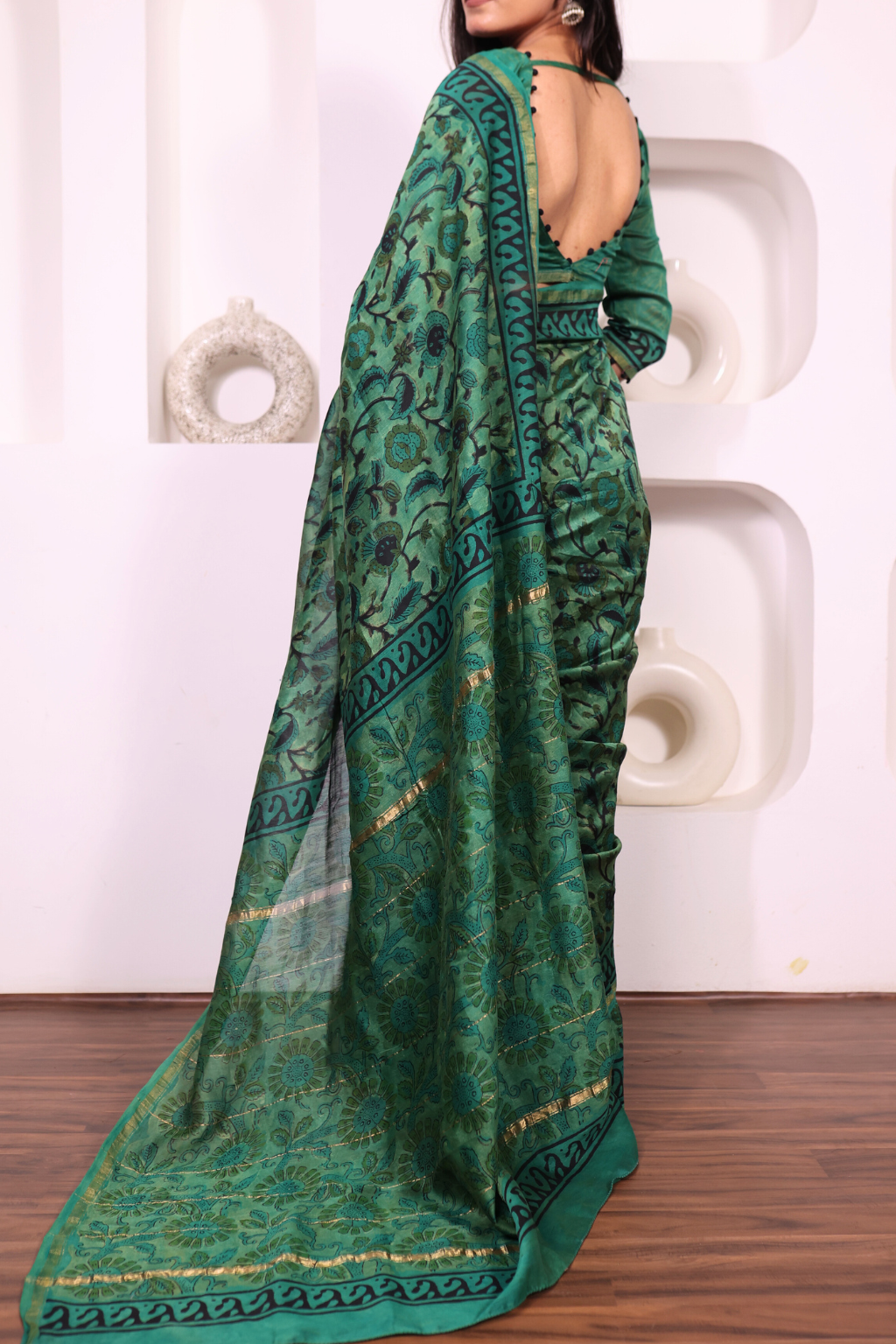 Vanaspati – Forest Green Chanderi Silk Saree with Vanaspati Block Prints