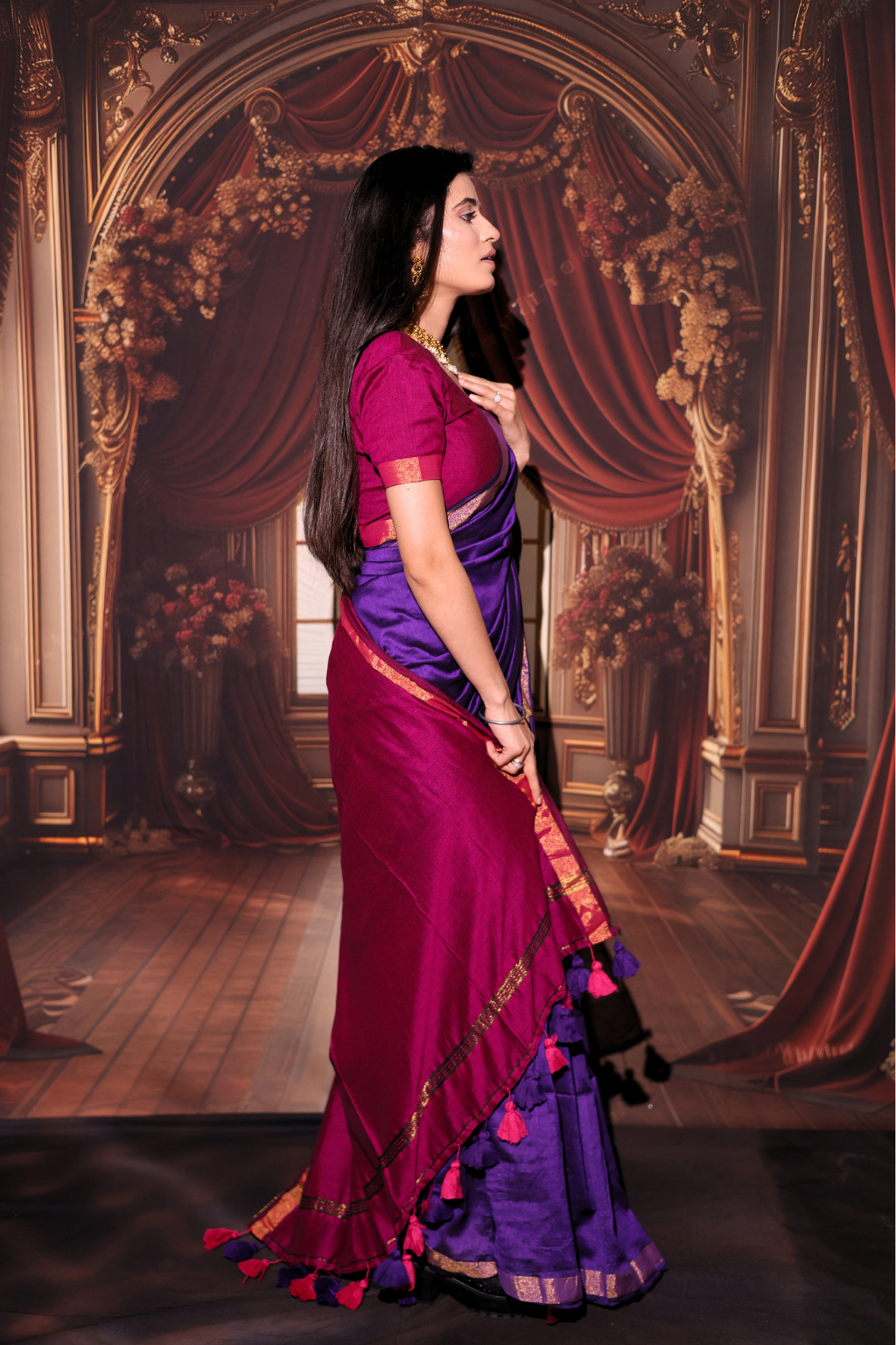 Kalyani - Royal Purple Modal Cotton Saree with Rani Pink Contrast & Tassels