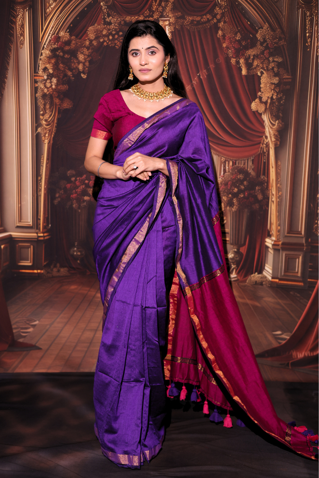 Kalyani - Royal Purple Modal Cotton Saree with Rani Pink Contrast & Tassels