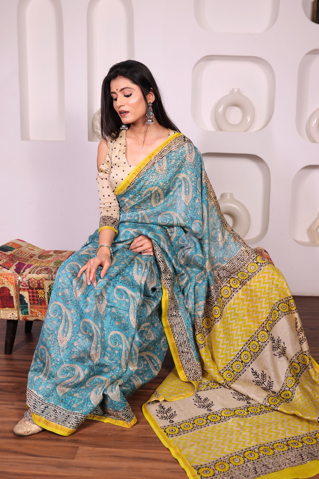 Amrapali – Luminous Turquoise Chanderi Saree with Mustard Block Prints