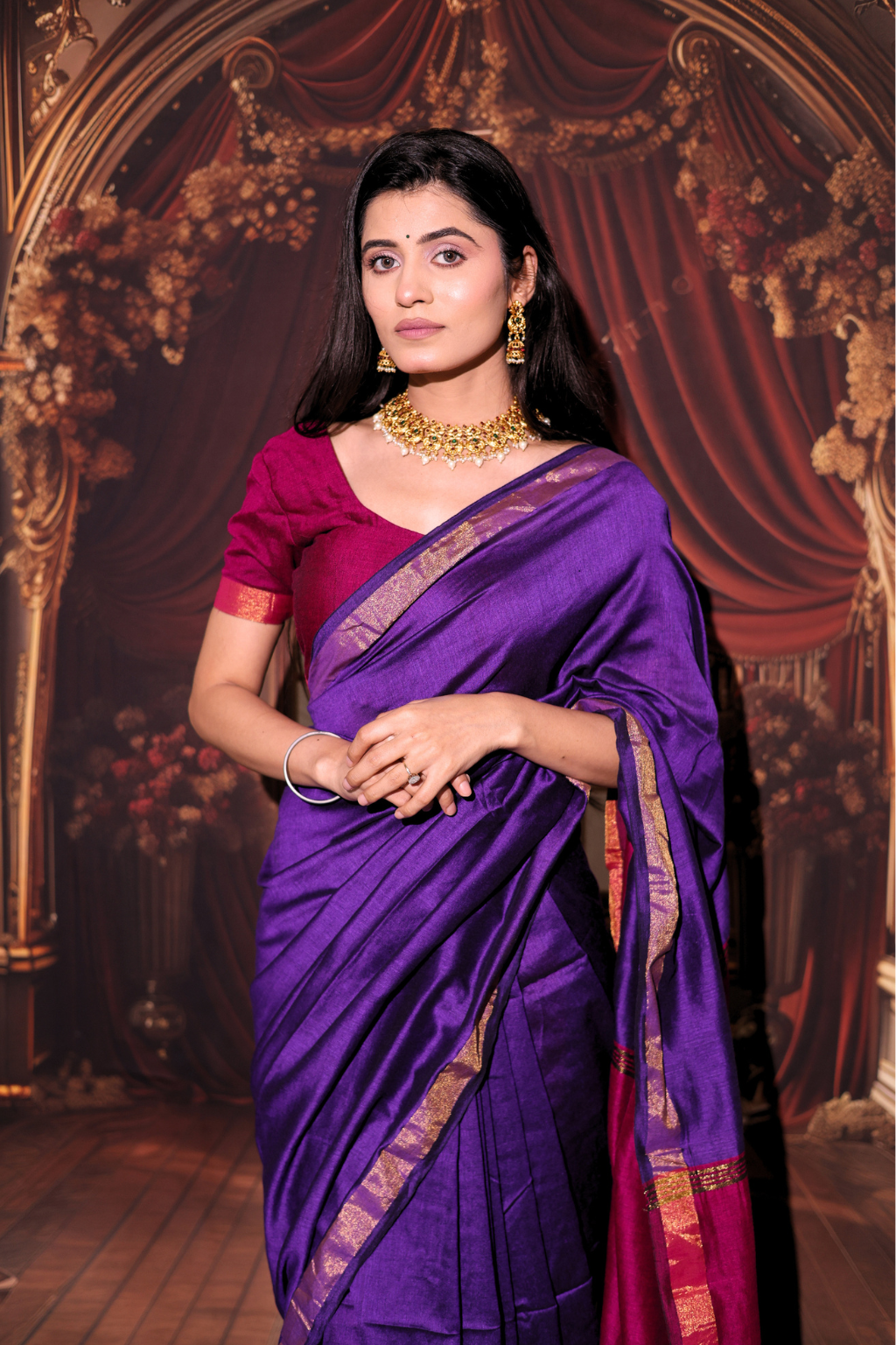 Kalyani - Royal Purple Modal Cotton Saree with Rani Pink Contrast & Tassels
