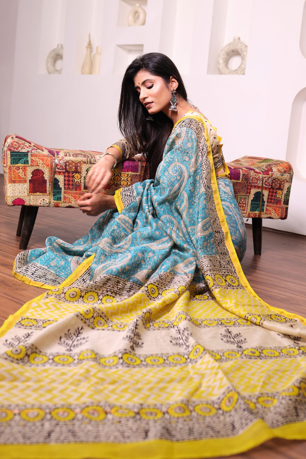 Amrapali – Luminous Turquoise Chanderi Saree with Mustard Block Prints