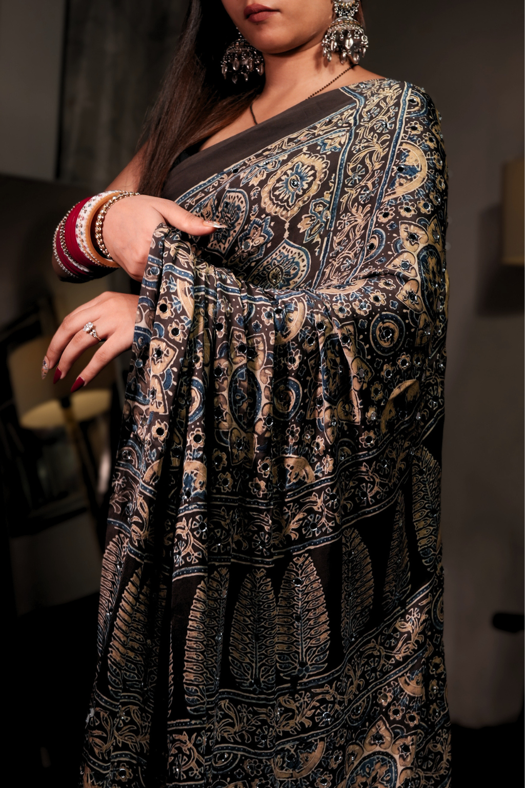 Sheesh Zeenat - Charcoal & Beige Ajrakh Modal Silk Saree with Authentic Mirror Work
