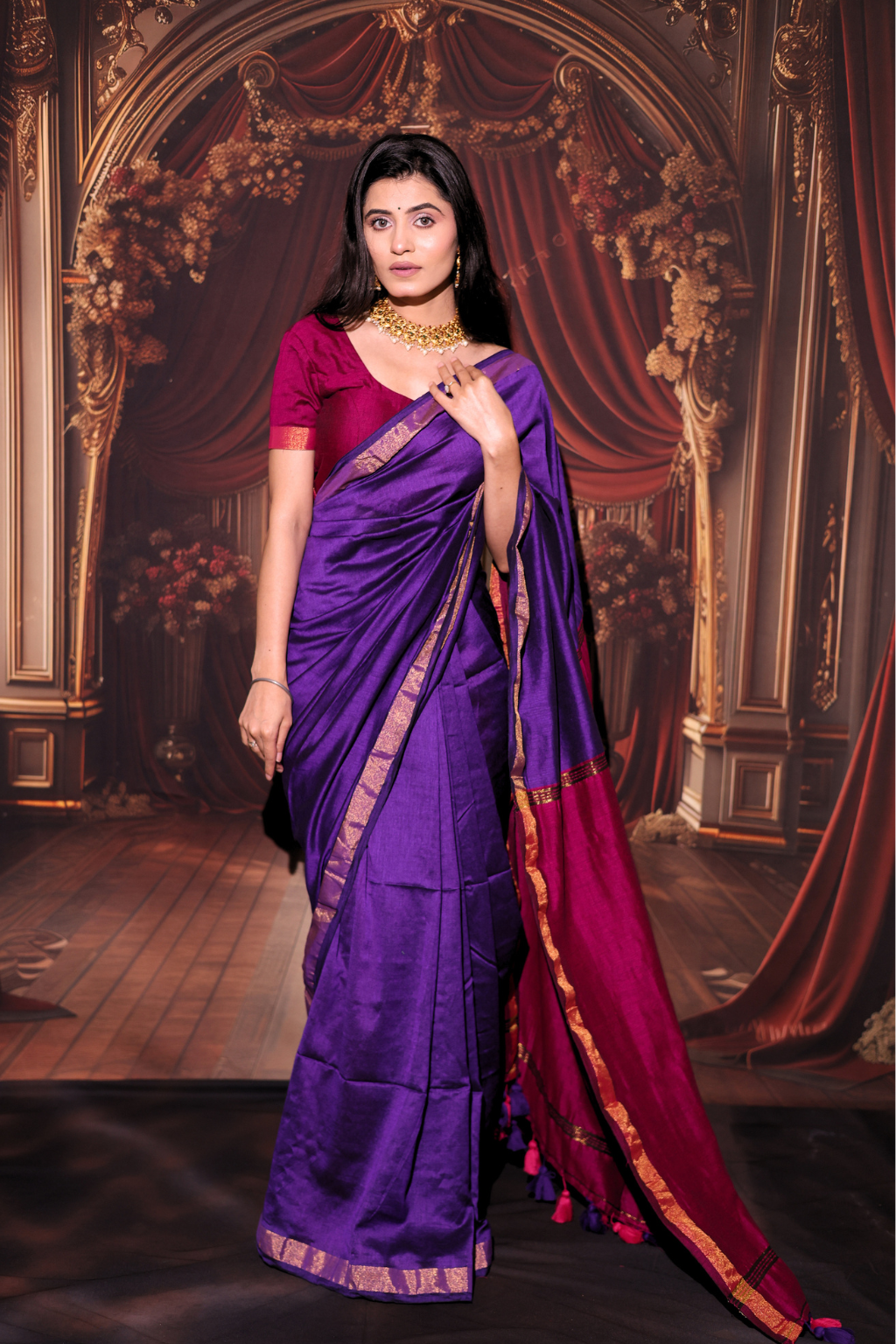Kalyani - Royal Purple Modal Cotton Saree with Rani Pink Contrast & Tassels