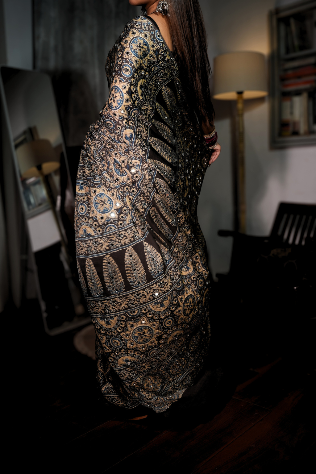Sheesh Zeenat - Charcoal & Beige Ajrakh Modal Silk Saree with Authentic Mirror Work