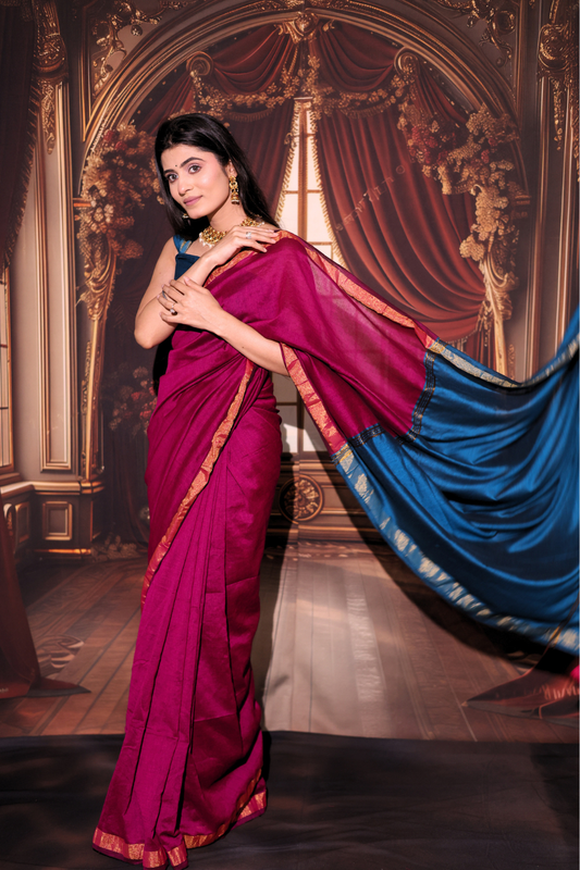 Mayuri - Magenta Rani Pink Modal Cotton Saree with Peacock Blue Contrast & Tassels