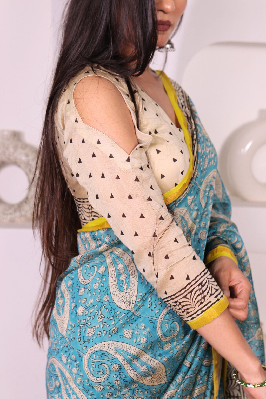 Amrapali – Luminous Turquoise Chanderi Saree with Mustard Block Prints