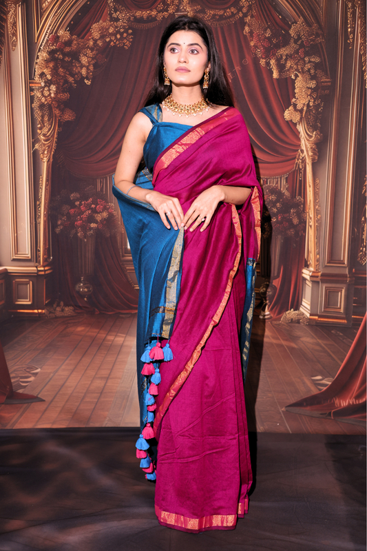 Mayuri - Magenta Rani Pink Modal Cotton Saree with Peacock Blue Contrast & Tassels