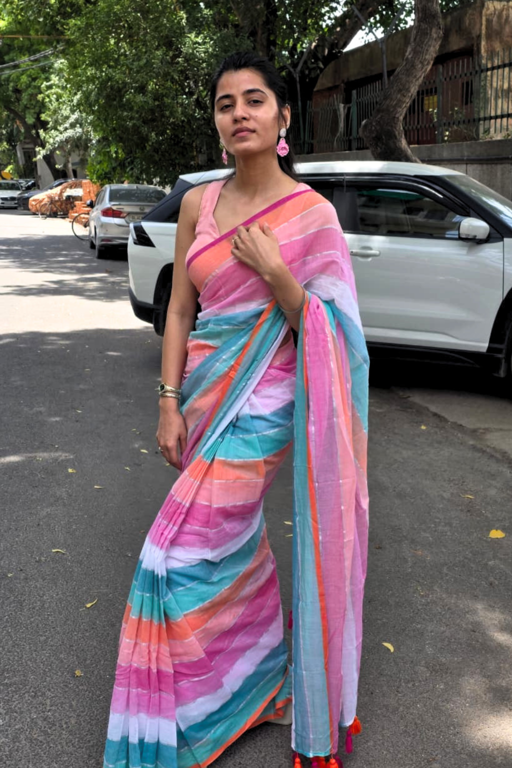 Rangeen Roopa - Pink & Turquoise Multi-Color Mul Cotton Saree