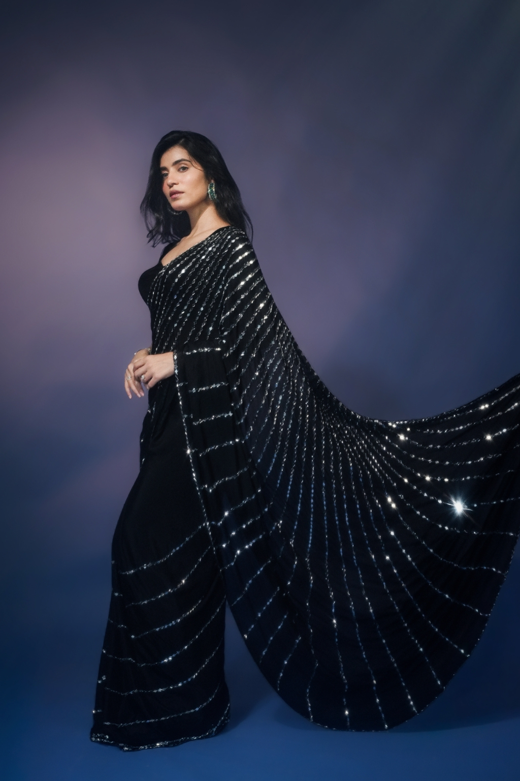 Aaina - Jet Black Chinon Saree with Real Handcrafted Mirror Work