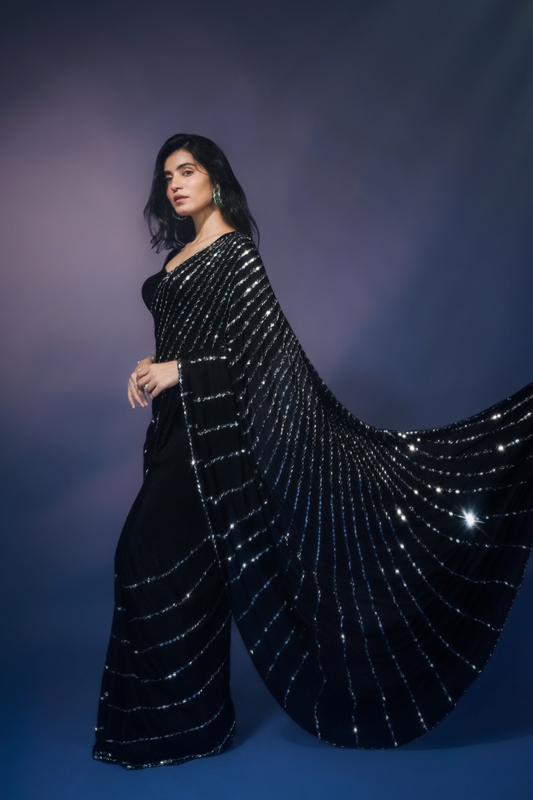 Sheesh Aaina - Jet Black Chinon Saree with Real Handcrafted Mirror Work