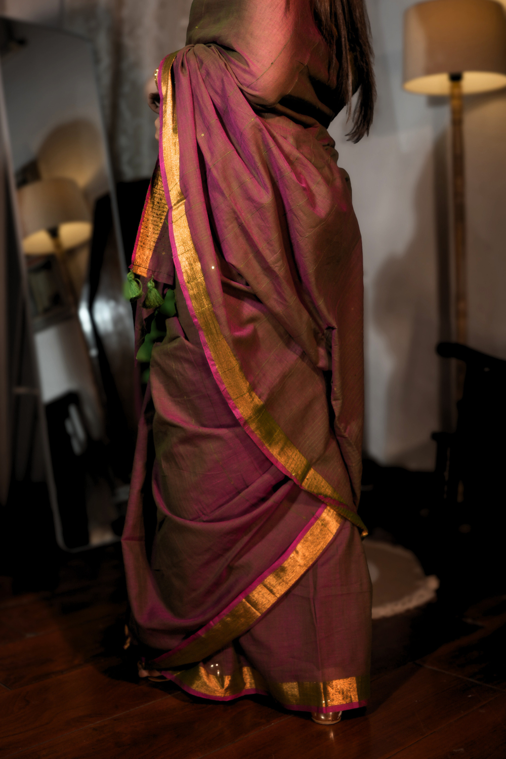Kastoori Sitara - Deep Rust & Green Pure Mul Cotton Saree with Sequins and Zari Border