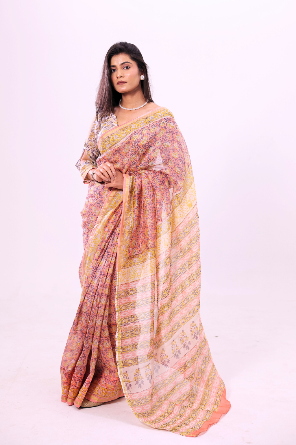 Hansika – Peach Chanderi Silk Saree with Pastel Floral Block Prints