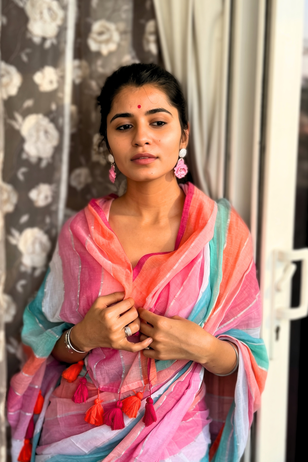 Rangeen Roopa - Pink & Turquoise Multi-Color Mul Cotton Saree