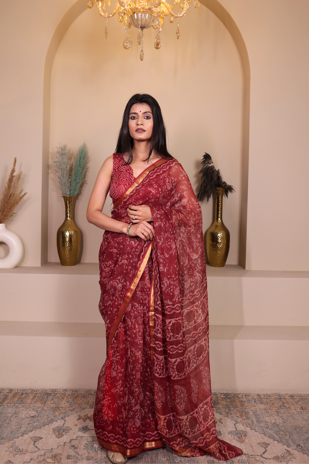 Suhani – Rich Maroon Kota Doria with Delicate Floral Jaal Prints