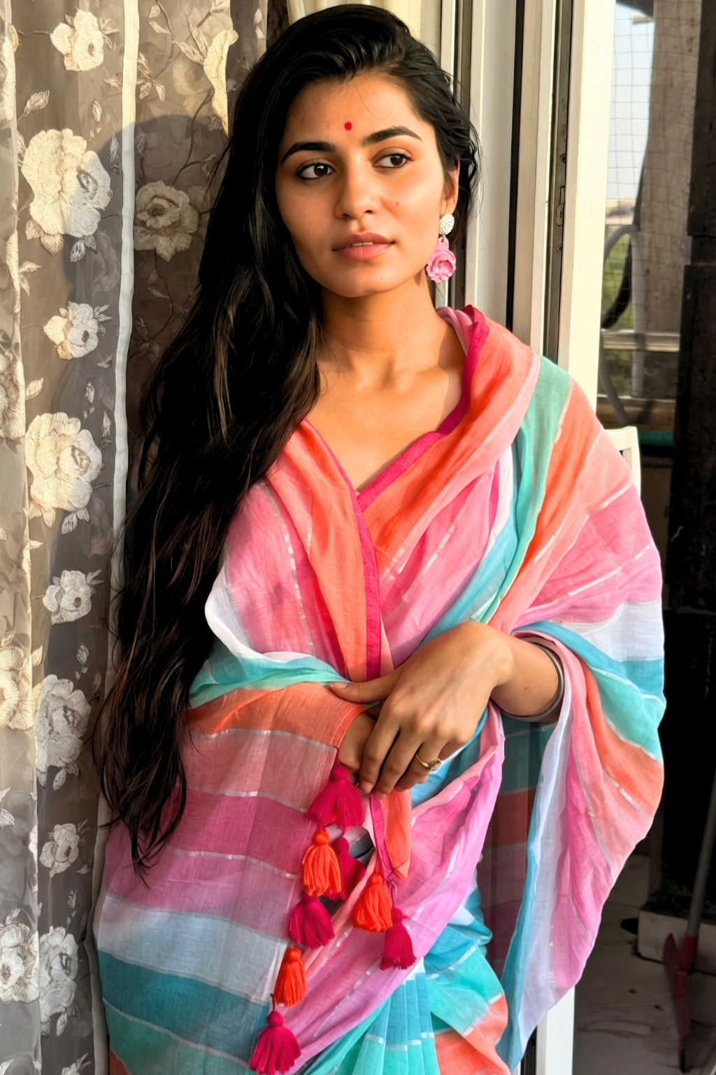 Rangeen Roopa - Pink & Turquoise Multi-Color Mul Cotton Saree