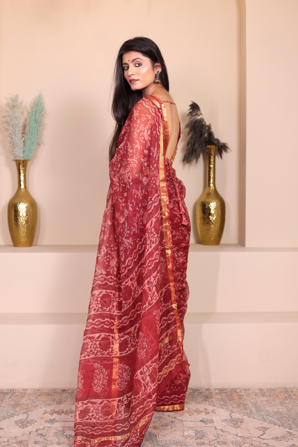 Suhani – Rich Maroon Kota Doria with Delicate Floral Jaal Prints