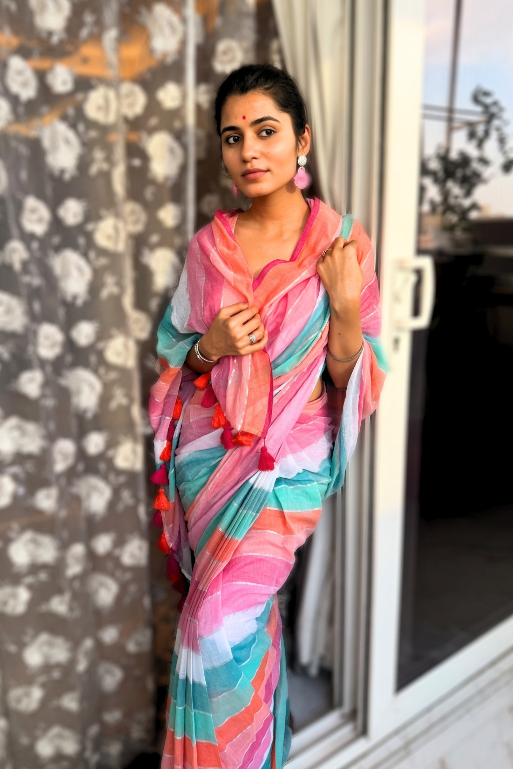 Rangeen Roopa - Pink & Turquoise Multi-Color Mul Cotton Saree
