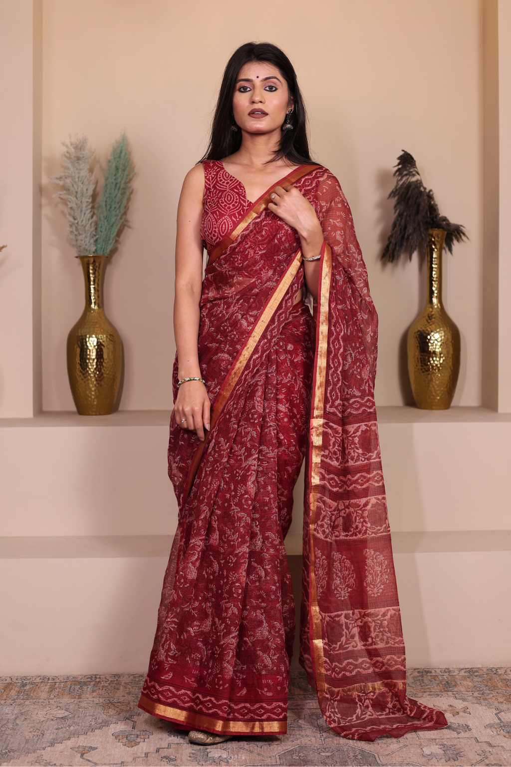 Suhani – Rich Maroon Kota Doria with Delicate Floral Jaal Prints