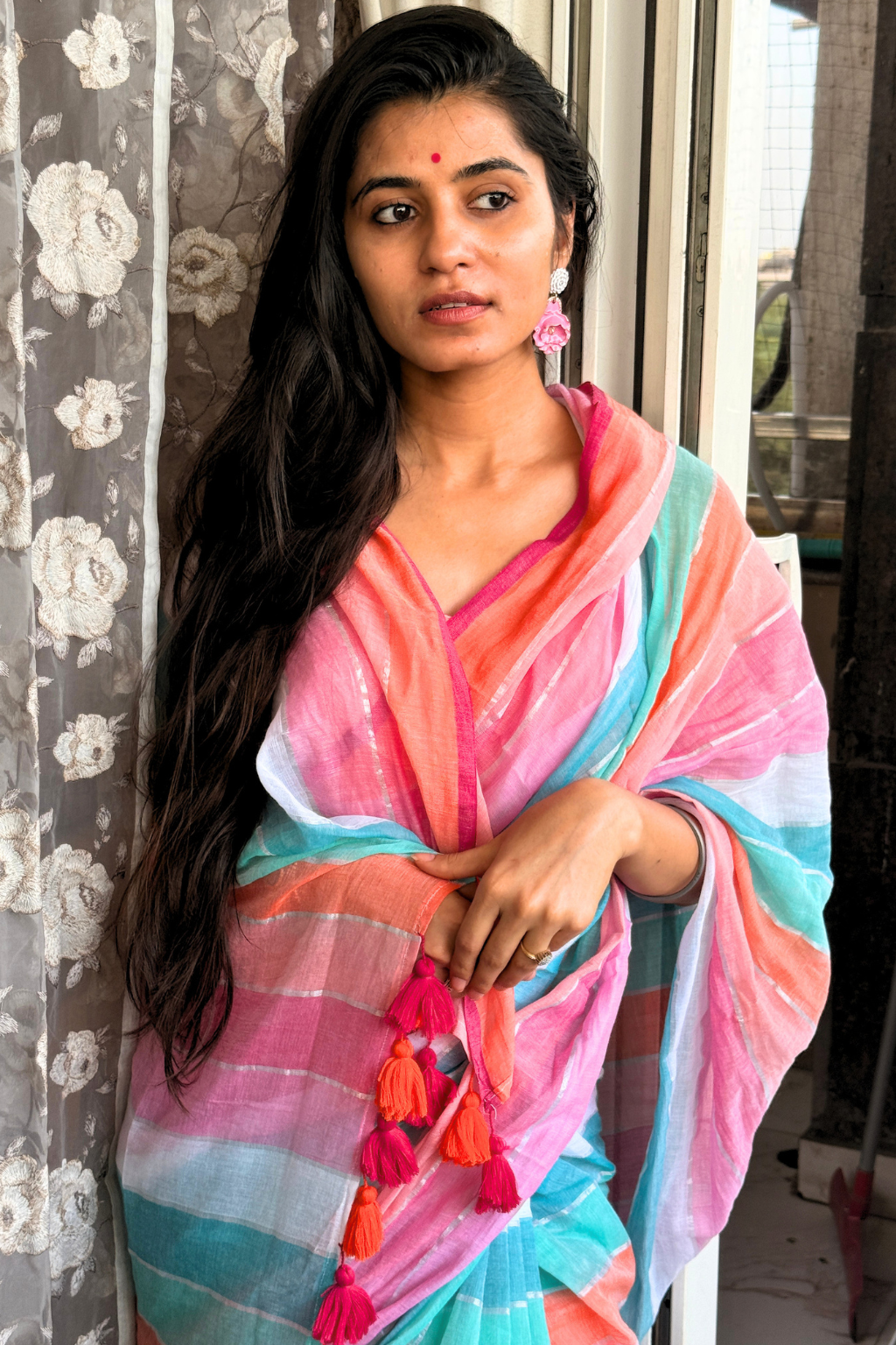 Rangeen Roopa - Pink & Turquoise Multi-Color Mul Cotton Saree