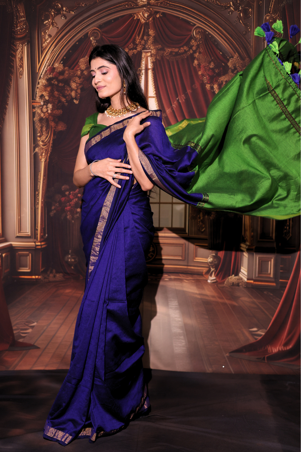 Neelambari - Royal Blue Modal Cotton Saree with Parrot Green Zari Contrast & Tassels
