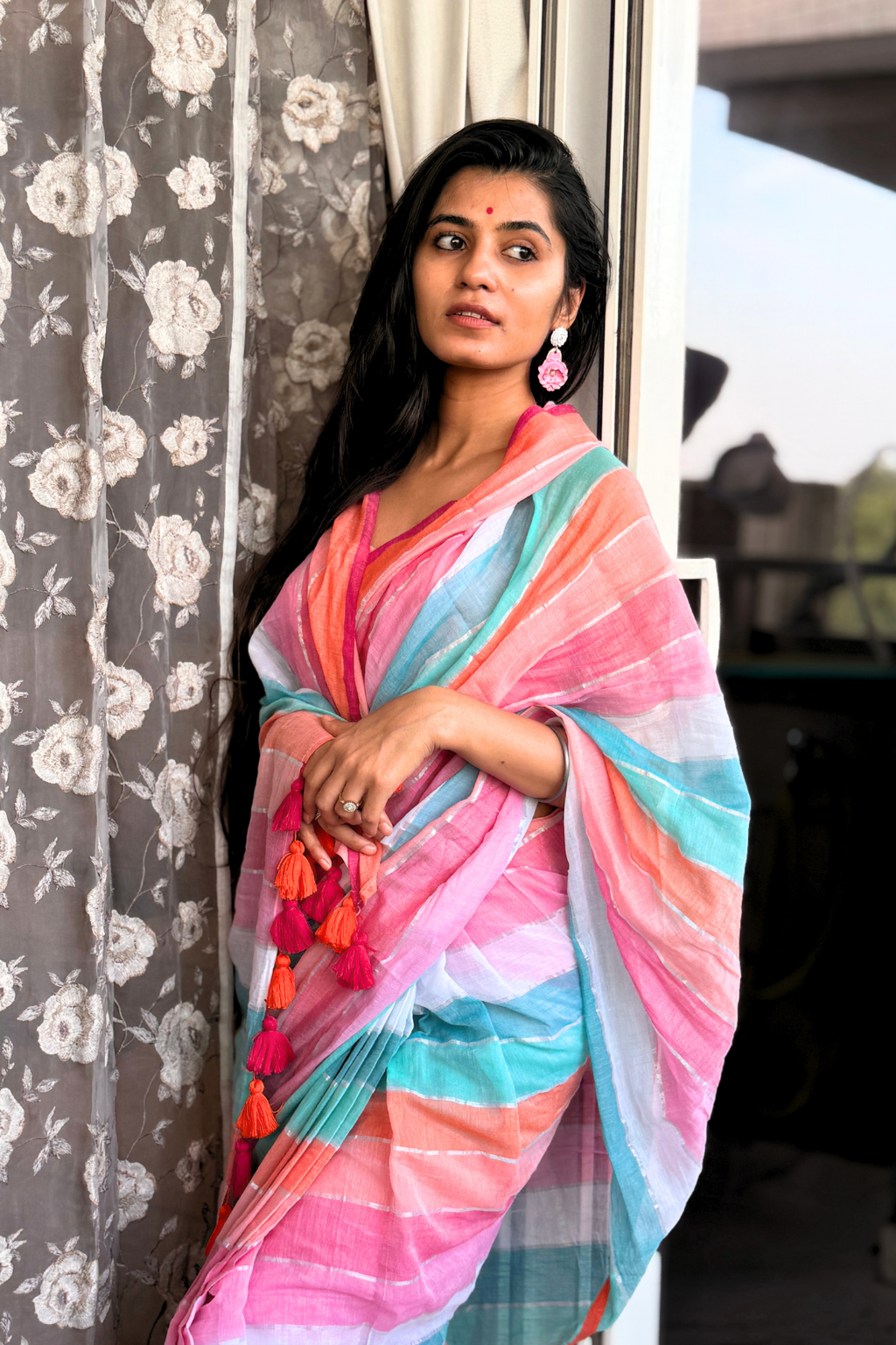 Rangeen Roopa - Pink & Turquoise Multi-Color Mul Cotton Saree